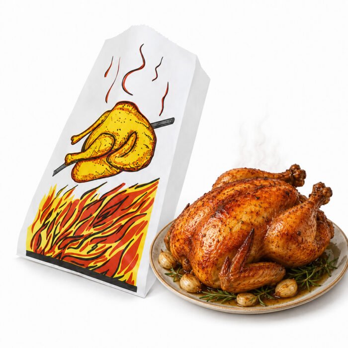 Sac poulet rôti papier visuel flamme