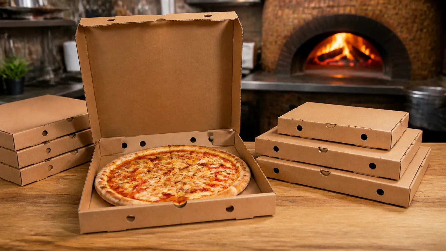 Boîtes à pizza en carton kraft de différents formats avec une pizza ouverte devant le four d’une pizzeria professionnelle.