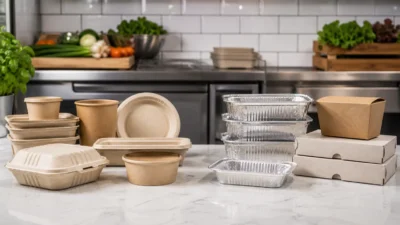 Contenants en fibre moulée, carton et aluminium comparés sur le plan de travail d’une cuisine professionnelle.