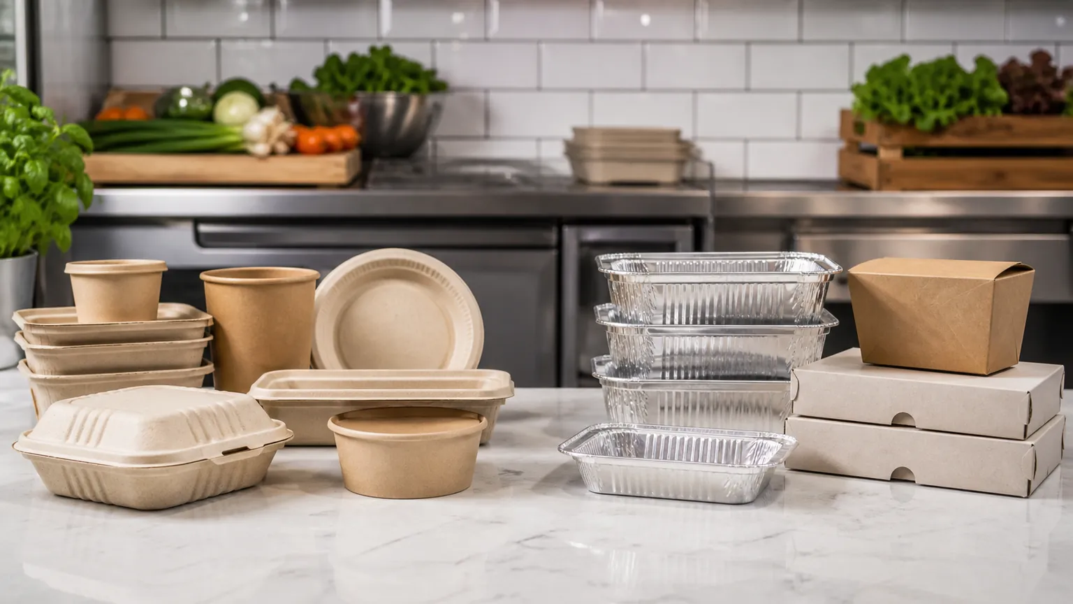 Contenants en fibre moulée, carton et aluminium comparés sur le plan de travail d’une cuisine professionnelle.