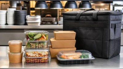 Contenants repas scellés et sac isotherme préparés sur le passe d’une cuisine professionnelle pour une livraison à domicile.