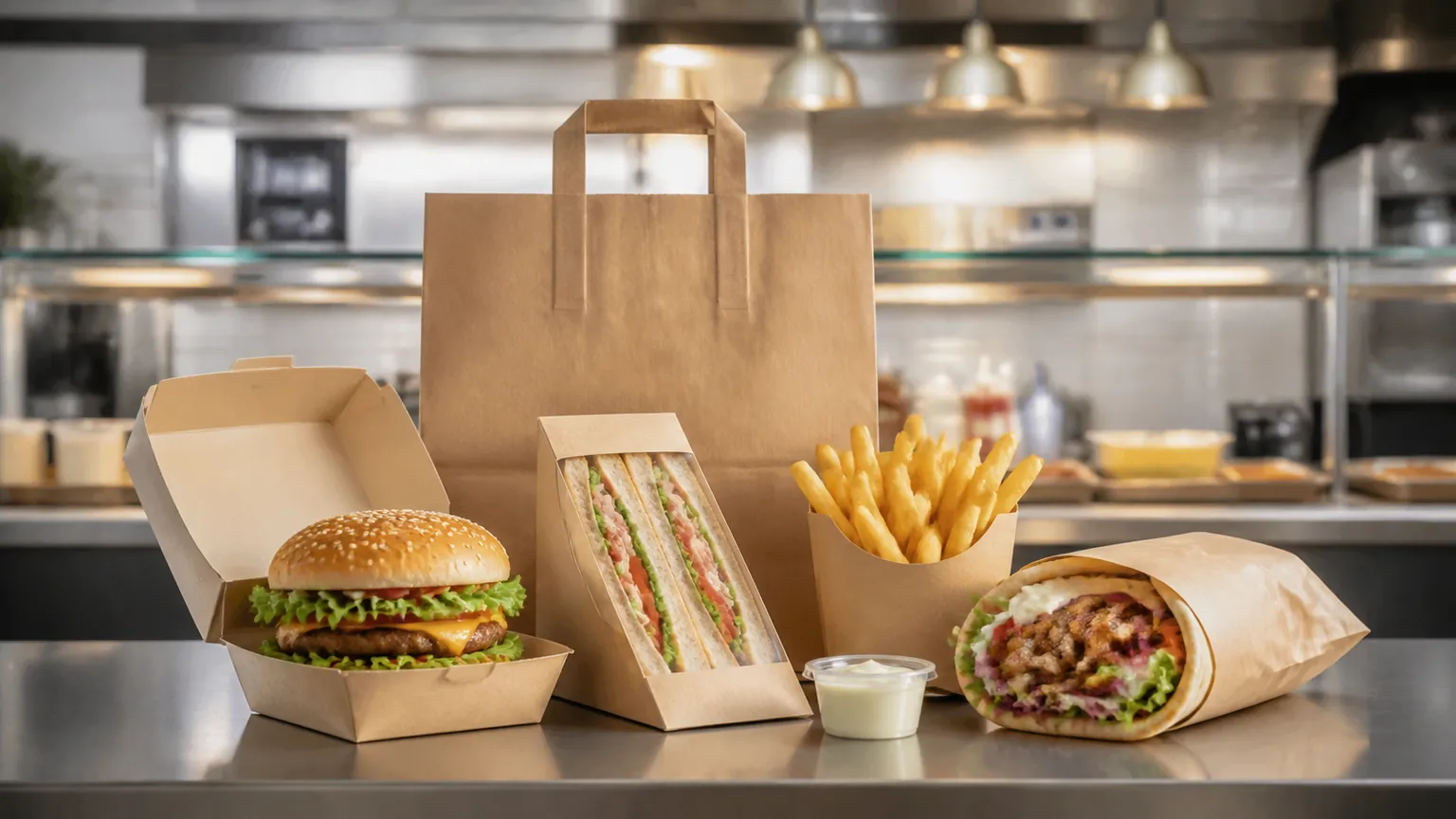 Boîte burger, étui sandwich, emballage kebab, cornet de frites et sac kraft sur le passe d’un fast-food.