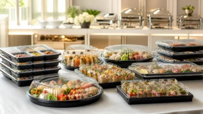 Plateaux repas, verrines et grands plateaux avec couvercles préparés pour un buffet et un service traiteur.