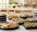 Plateaux repas, verrines et grands plateaux avec couvercles préparés pour un buffet et un service traiteur.