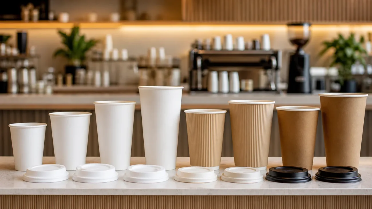 Gobelets carton blancs, kraft et double paroi de plusieurs tailles alignés avec leurs couvercles sur un comptoir de café.