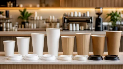 Gobelets carton blancs, kraft et double paroi de plusieurs tailles alignés avec leurs couvercles sur un comptoir de café.