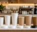 Gobelets carton blancs, kraft et double paroi de plusieurs tailles alignés avec leurs couvercles sur un comptoir de café.
