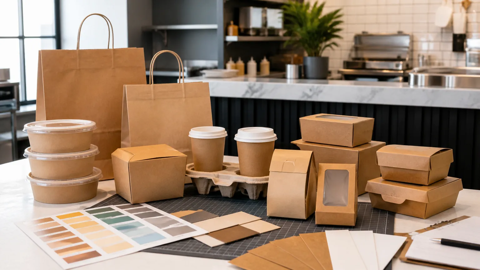 Sacs, gobelets et boîtes kraft neutres disposés avec des nuanciers dans un atelier de conception d’emballages.