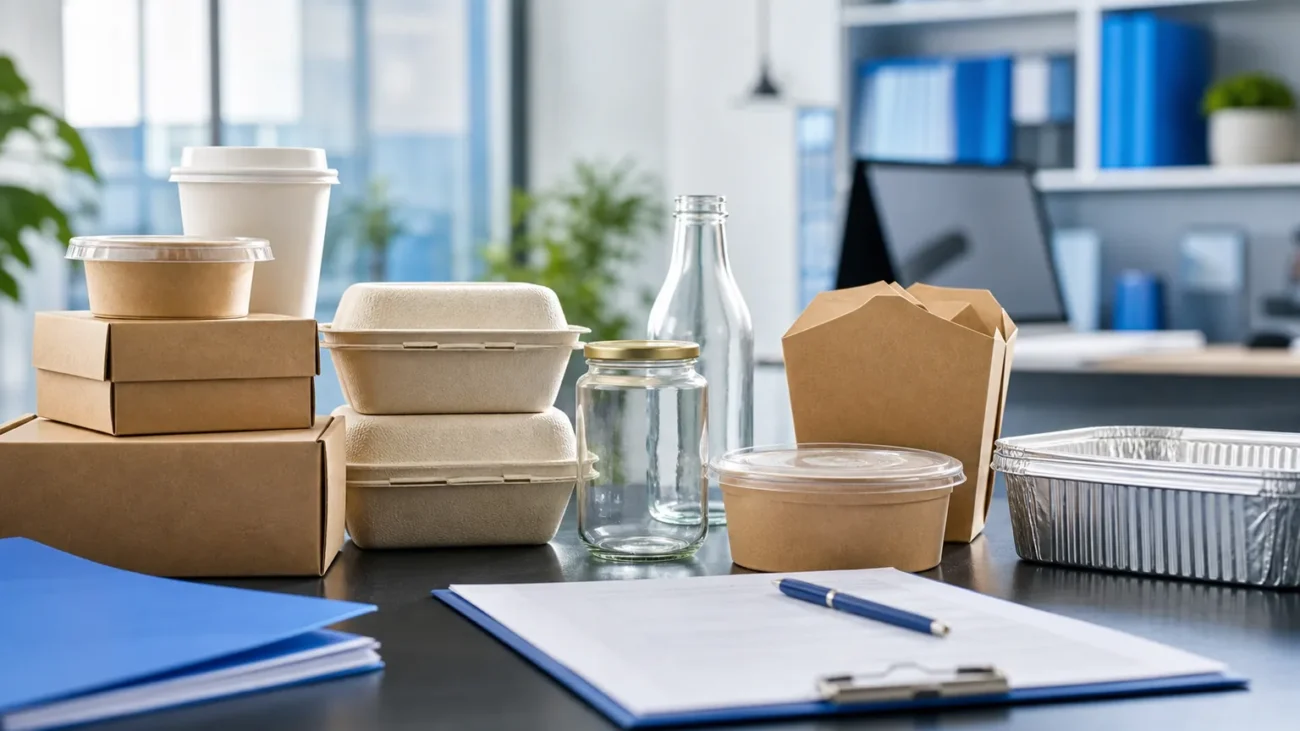 Emballages alimentaires en carton, fibre, verre et aluminium disposés près d’un dossier de contrôle réglementaire.