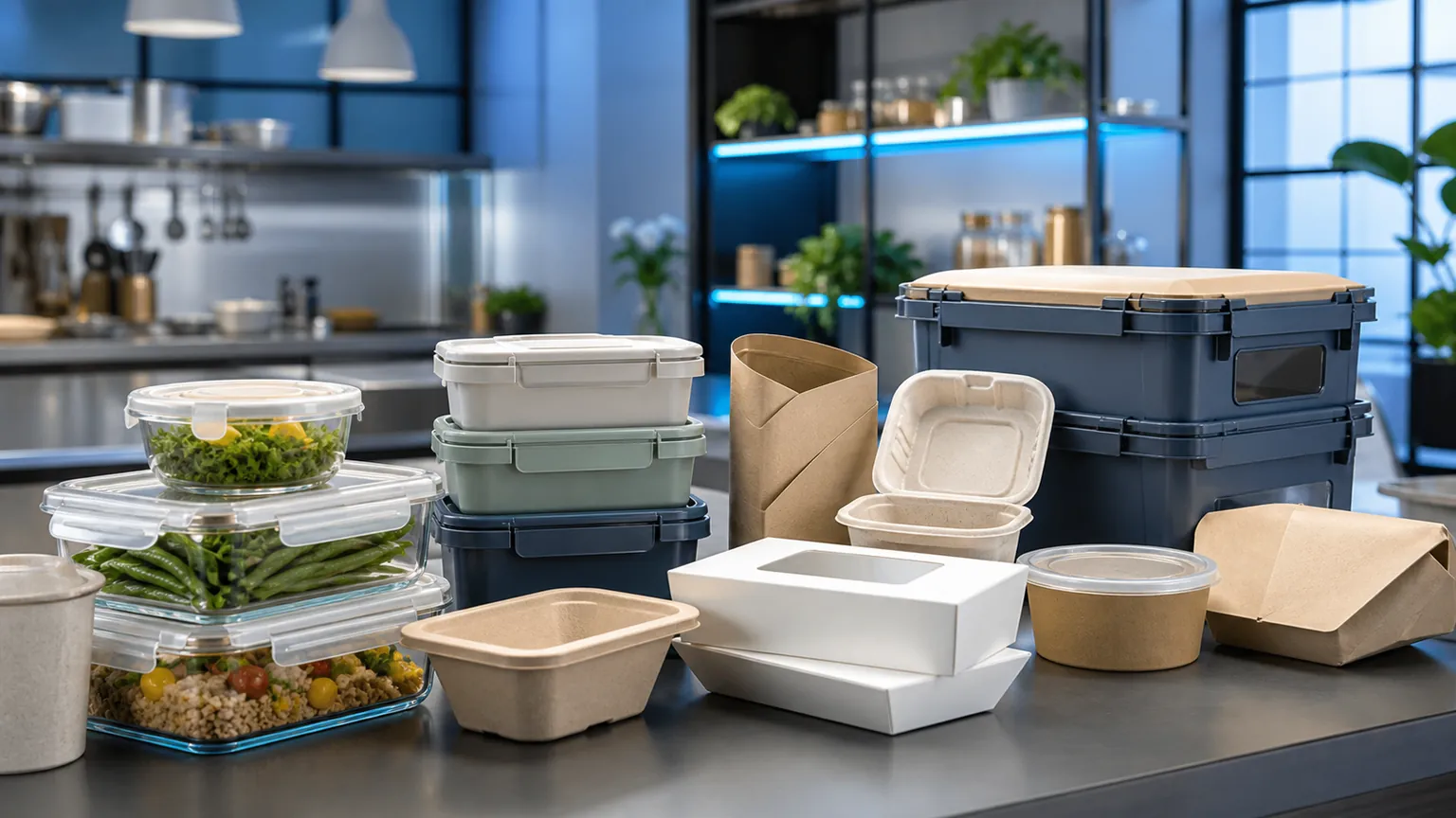 Contenants réutilisables, boîtes en fibre moulée et prototypes de packaging réunis dans un laboratoire professionnel.