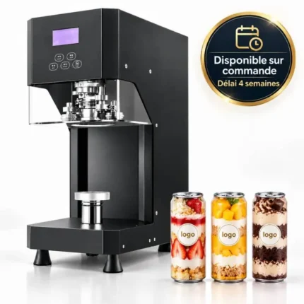 Sertisseuse automatique pour canettes transparentes avec écran de commande et canettes de desserts scellées