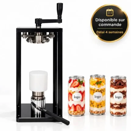 Sertisseuse manuelle à levier pour canettes transparentes avec canettes de desserts scellées